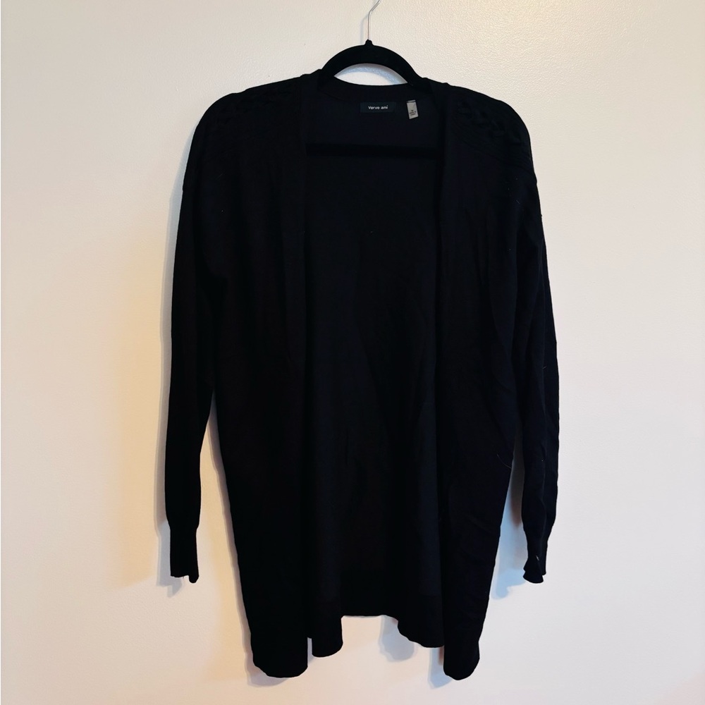 Verve Ami black long cardigan with braided detail at the shoulders size medium